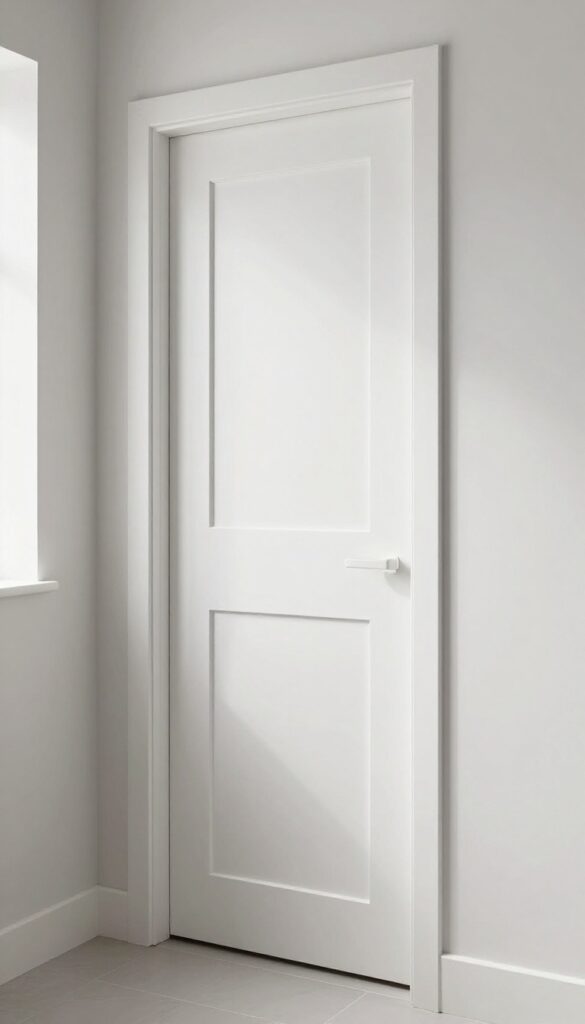 Bright small bathroom with a classic white shaker pocket door slid partway into the wall, recessed panel details, white trim, and soft natural light