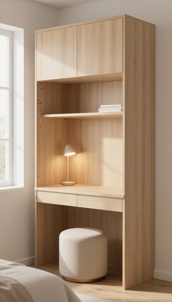 Small bedroom with a built-in wardrobe that includes a recessed desk and vanity area, soft wood tones, bright natural light, and a compact stool.