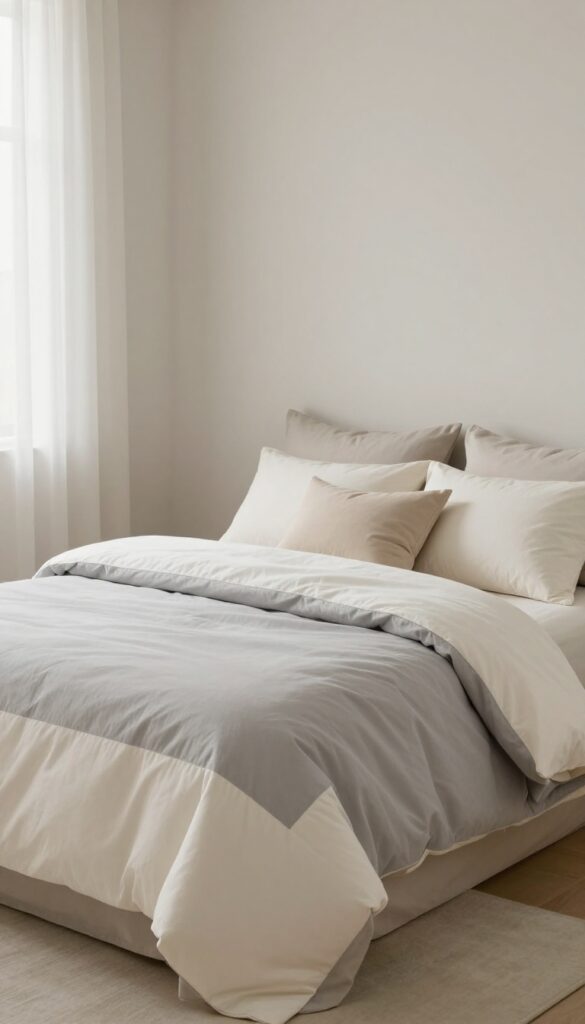 Cozy bedroom with a two-tone gray and white comforter, neutral sheets, and soft natural light