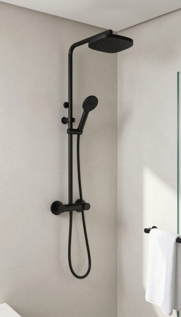 Modern walk-in shower with matte black showerhead, handle, and trim contrasted against light neutral tiles in a bright bathroom