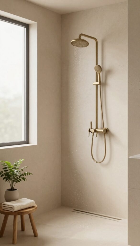 Warm-toned beige concrete shower with brass fixtures, wood stool, and soft natural light in a modern bathroom