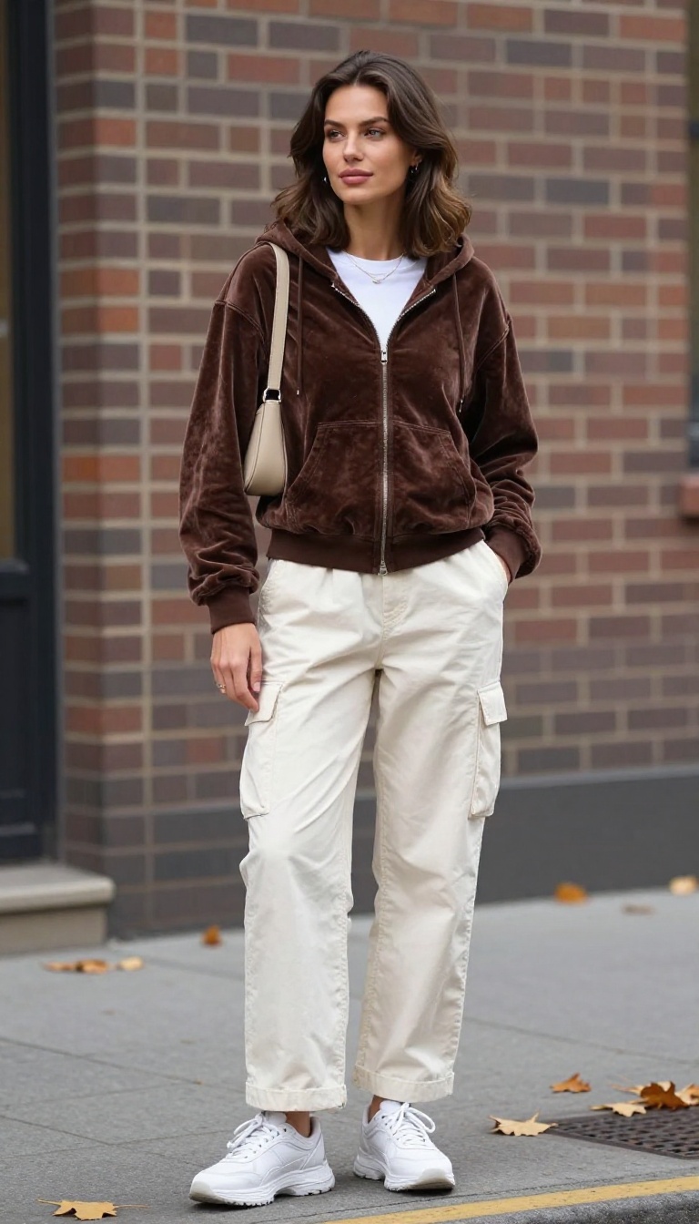 1. Chocolate Brown Velour Zip-Up With Cream Cargo Pants