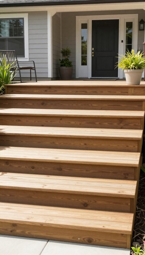 Photorealistic multi-level front entrance deck with wide shallow steps, consistent wood decking, and potted plants defining zones on a sloped lot in bright natural light