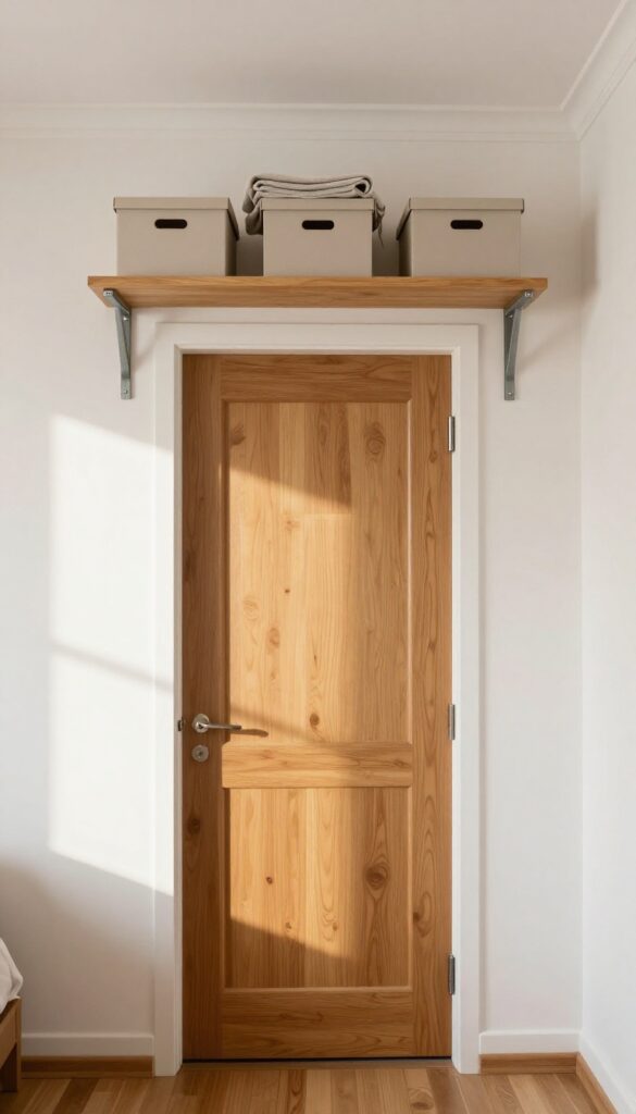 A wooden shelf mounted above a bedroom door holding matching storage boxes and a folded blanket, lit by bright natural light.