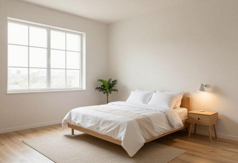Bright minimalist small spare bedroom with a neatly made bed, single nightstand, wall-mounted lamp, and soft neutral tones in natural light