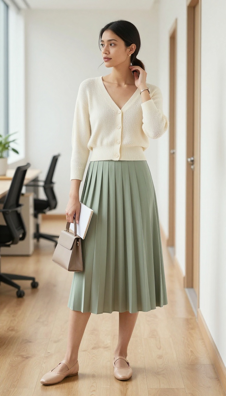 4. Pleated Midi Skirt with a Cropped Cardigan