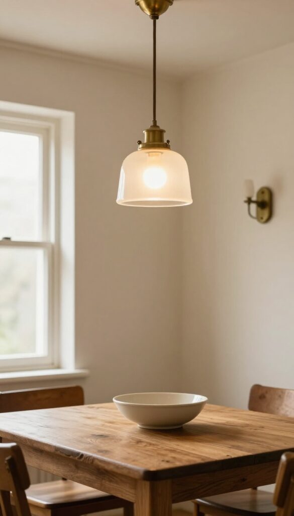 Vintage brass pendant light with a clear glass shade glowing warmly above a rustic wooden table in a cozy old-world kitchen corner