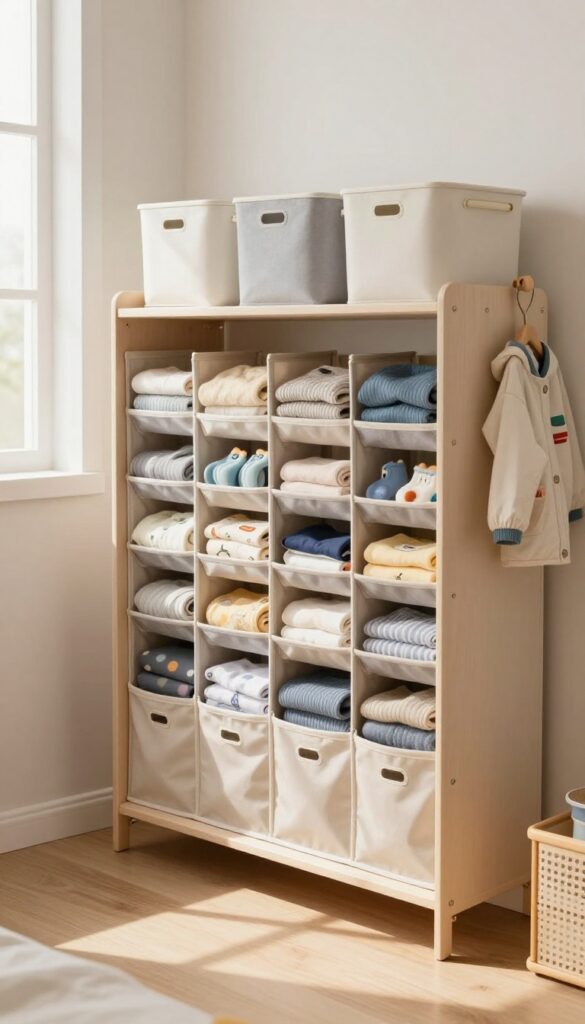 Slim vertical fabric closet organizer in a small boy's bedroom with neatly folded clothes, small bins, low hooks, and bright natural light