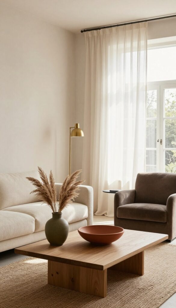 Warm minimal organic modern living room with cream sofa, taupe armchair, olive green vase, terracotta bowl, jute rug, and brass accents in bright natural light