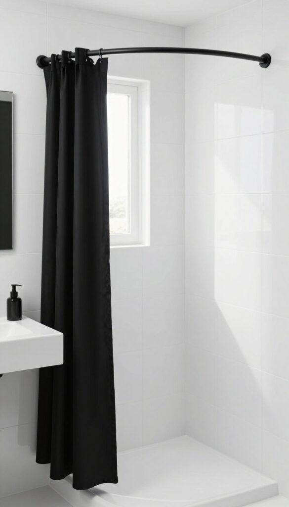 Bright bathroom with a solid black shower curtain contrasting against glossy white square tiles, with black accents and natural light.