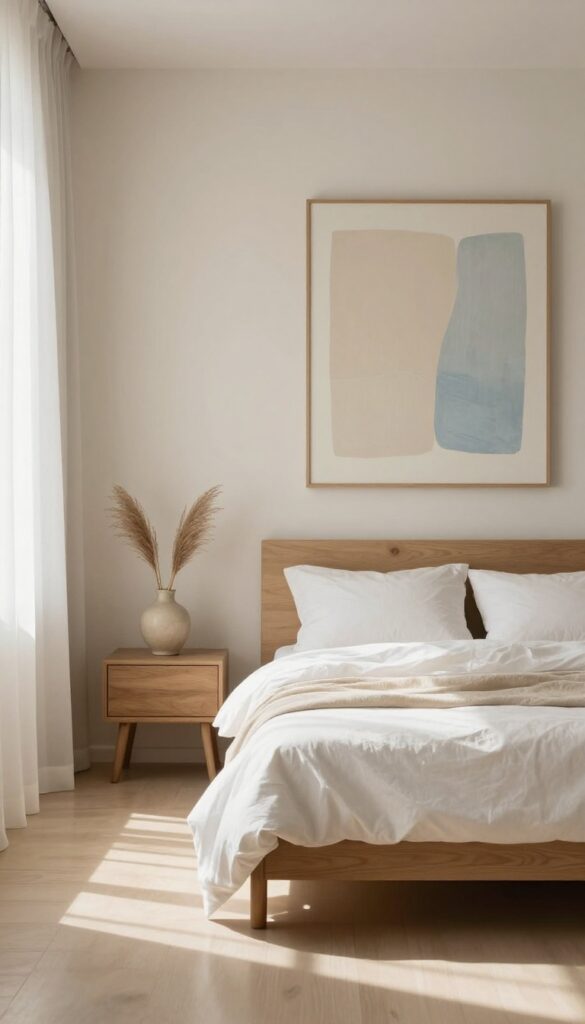 Minimalist bedroom with one large soft abstract artwork in a natural wood frame above a white bed, bright natural light, calm neutral tones