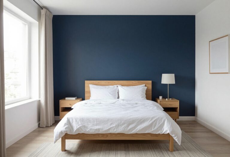 Deep navy blue accent wall behind a bed with white bedding and light wood nightstands in a bright, cozy bedroom