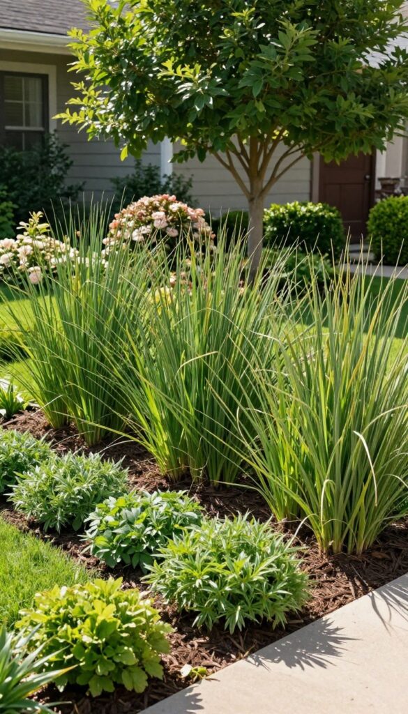 Front yard garden bed with tall ornamental grasses behind medium flowering shrubs and low ground cover in front, layered by height in bright natural light.