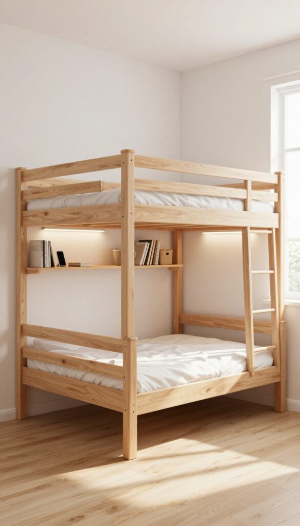 Bright small bedroom with a wooden bunk bed featuring built-in shelves beside each bunk, holding books and baskets, with slim reading lights above.