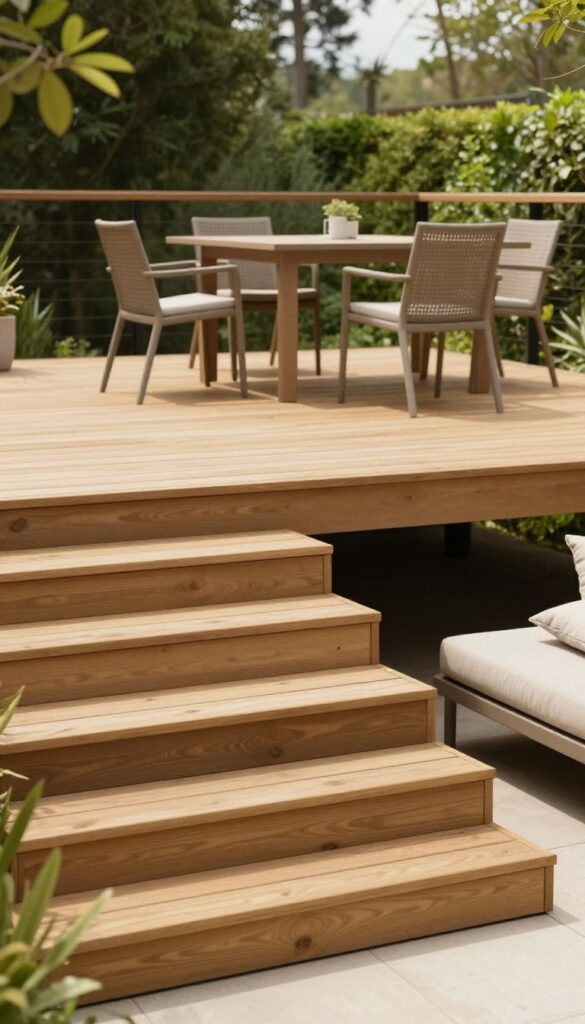 Bright photorealistic backyard multi-level wood deck with a raised dining area and a lower lounge space connected by wide steps