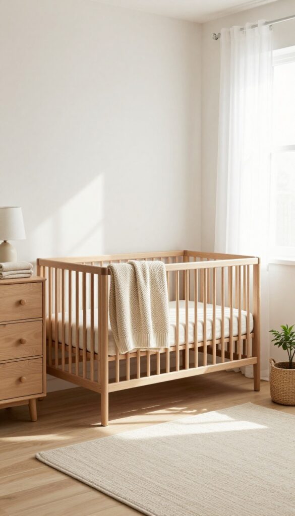Cozy neutral baby boy nursery with warm oak crib and dresser, beige walls, cream bedding, and a textured rug in bright natural light