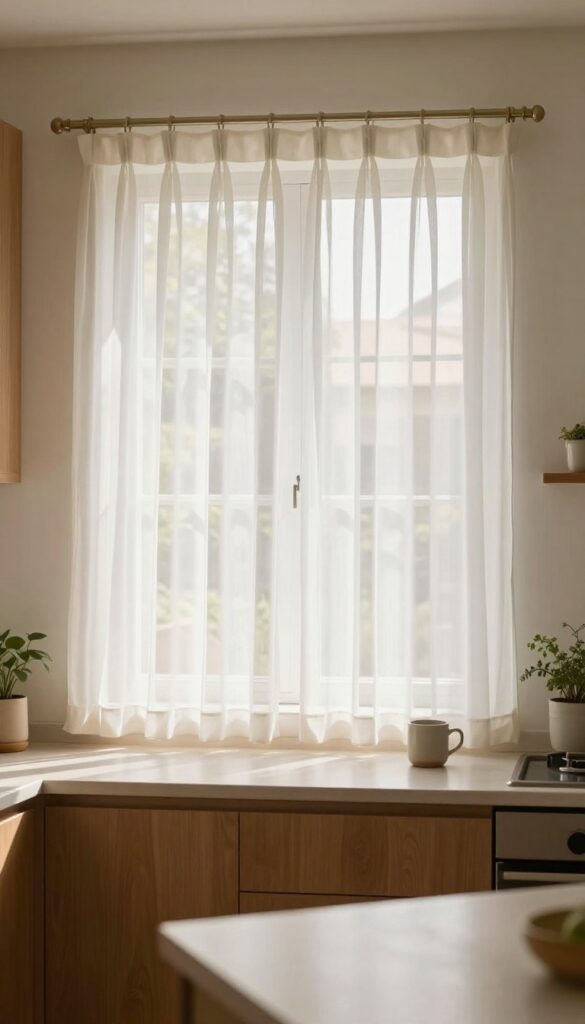 Bright kitchen window with sheer white cafe curtains covering the lower half, letting sunlight stream in over warm wood cabinets and a clean countertop.