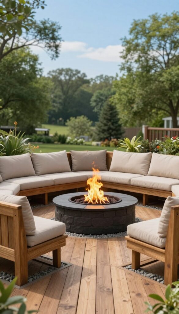 Sunken fire pit conversation zone on a multi-level backyard deck with built-in bench seating, glowing fire pit, and bright natural daylight