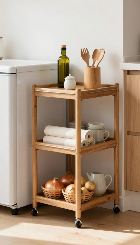 Slim two-tier rolling cart with wooden baskets and kitchen essentials tucked into a narrow gap beside a refrigerator in a bright small kitchen.