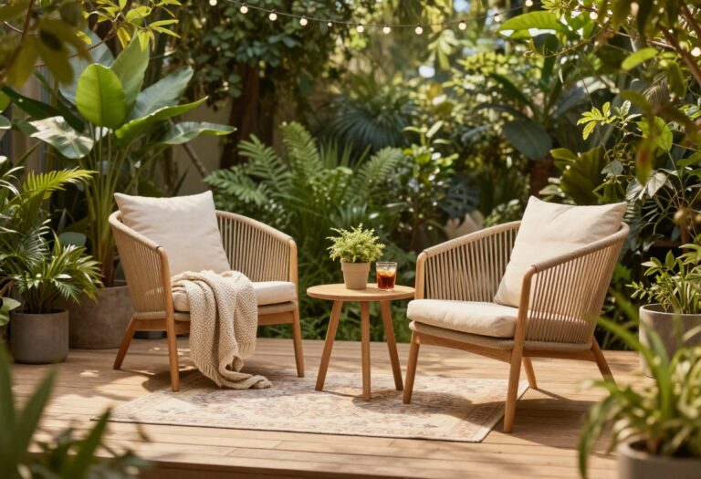 Cozy small wooden deck decorated with a compact patterned outdoor rug, two woven chairs, a tiny side table with a potted plant, soft cushions, and warm string lights in bright natural daylight.