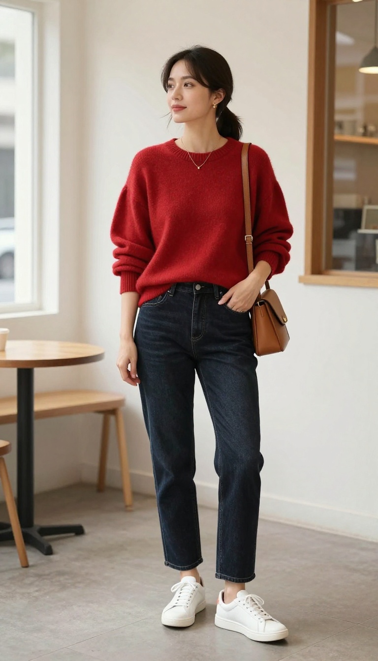 2. Red Cashmere Sweater with Dark Denim