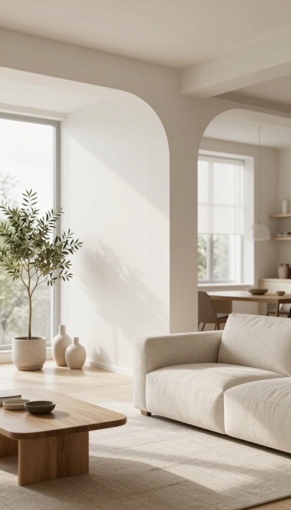 Bright living room with a white partial arched divider wall creating a semi-open layout between the living area and a dining nook, styled with a linen sofa, oak coffee table, and potted olive tree in natural daylight.