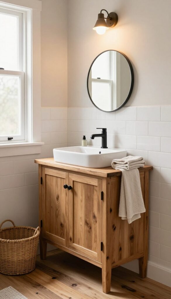 Small rustic bathroom with a slim reclaimed wood vanity, white vessel sink, round mirror, and warm natural light.