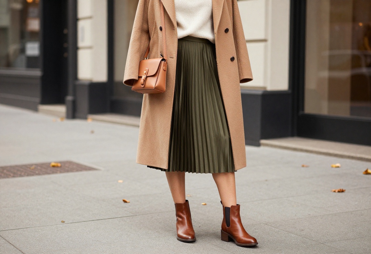 Woman wearing a below-the-knee olive pleated skirt, cream turtleneck, and brown ankle boots, standing on a city street with autumn leaves.