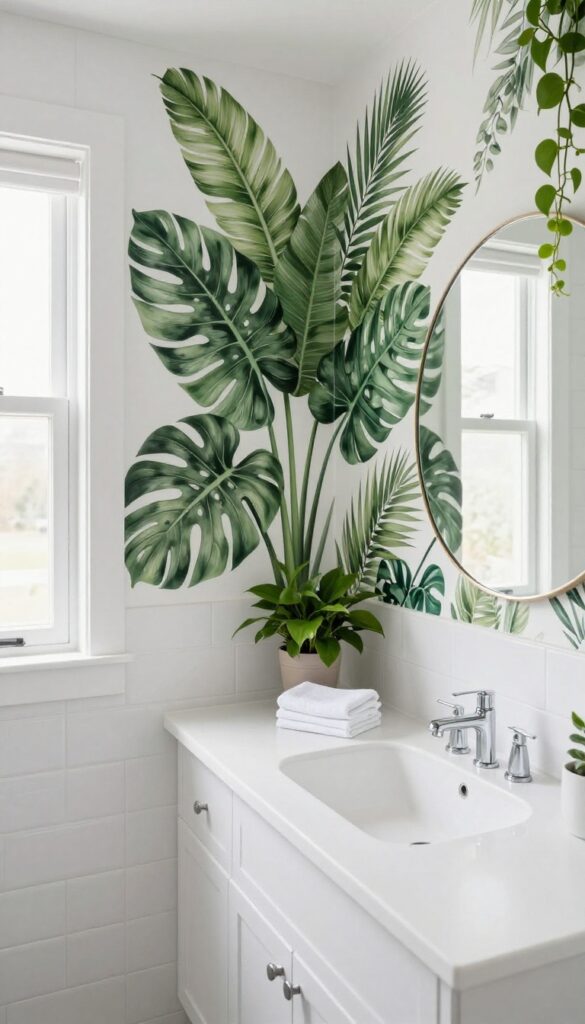 Bright bathroom with a large green botanical leaf mural covering the wall behind a white vanity, styled with natural light and minimal decor.