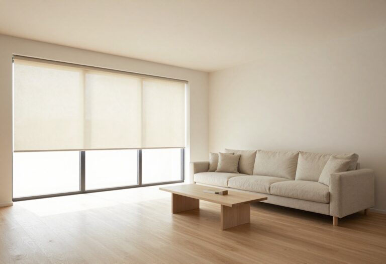 Bright modern living room with sleek beige roller blinds filtering natural light over a neutral sofa