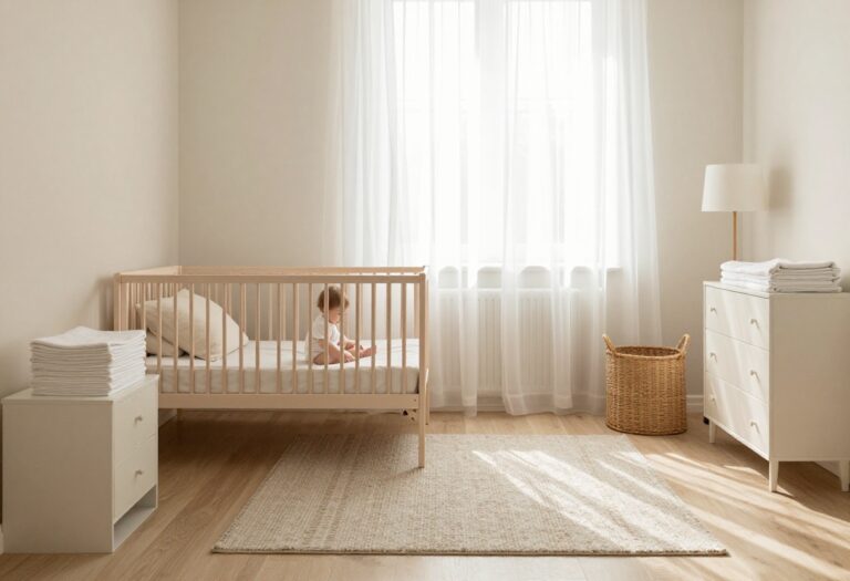 Bright shared bedroom with a compact crib in a cozy corner, a small changing station dresser, woven basket storage, and soft neutral tones dividing baby and adult spaces