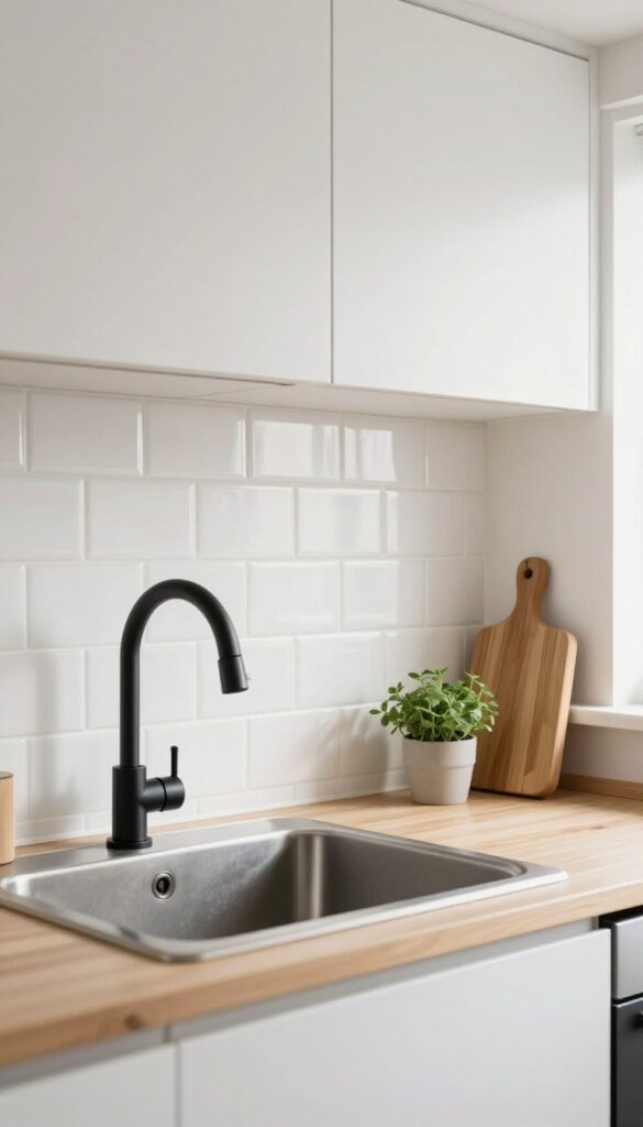 Small modern kitchen with a vertical stacked white subway tile backsplash, stainless steel sink, matte black faucet, and light oak cabinets in bright natural light.
