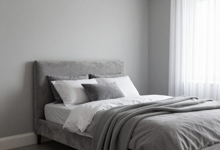 Stylish grey bedroom with layered grey bedding, charcoal accents, and soft natural light for a cozy modern look