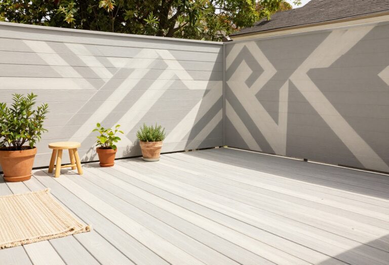 Budget-friendly backyard deck with a freshly painted geometric chevron pattern, potted plants, and simple outdoor styling in bright natural light