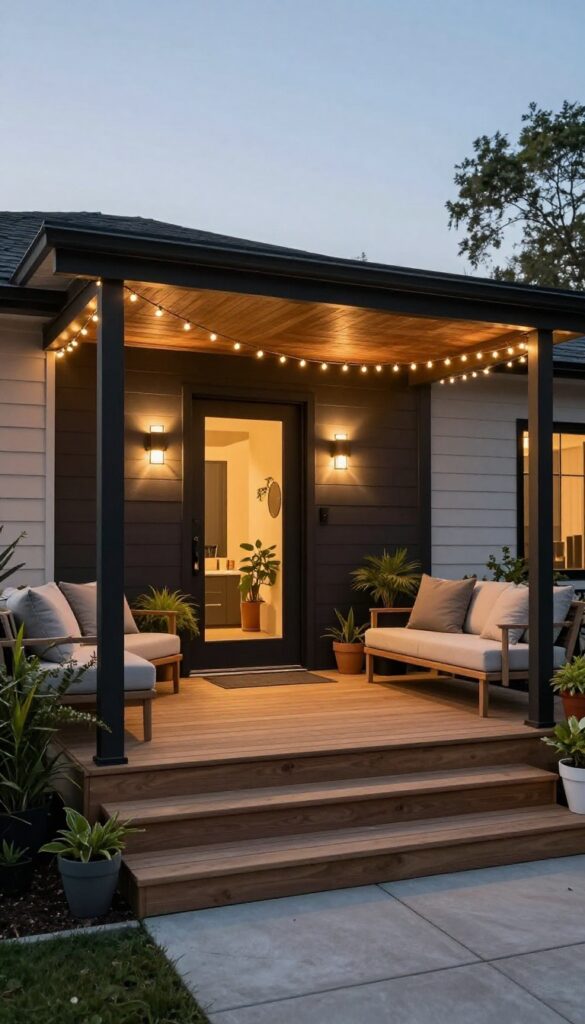Front deck at dusk with warm wall sconces, stair lights, and string lights creating a designed, inviting outdoor space