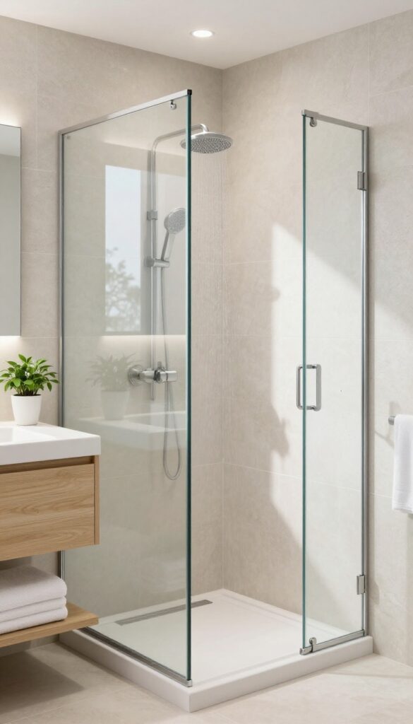 Bright modern bathroom with an open walk-in shower featuring a frameless half glass partition for splash control and an airy no-door look.