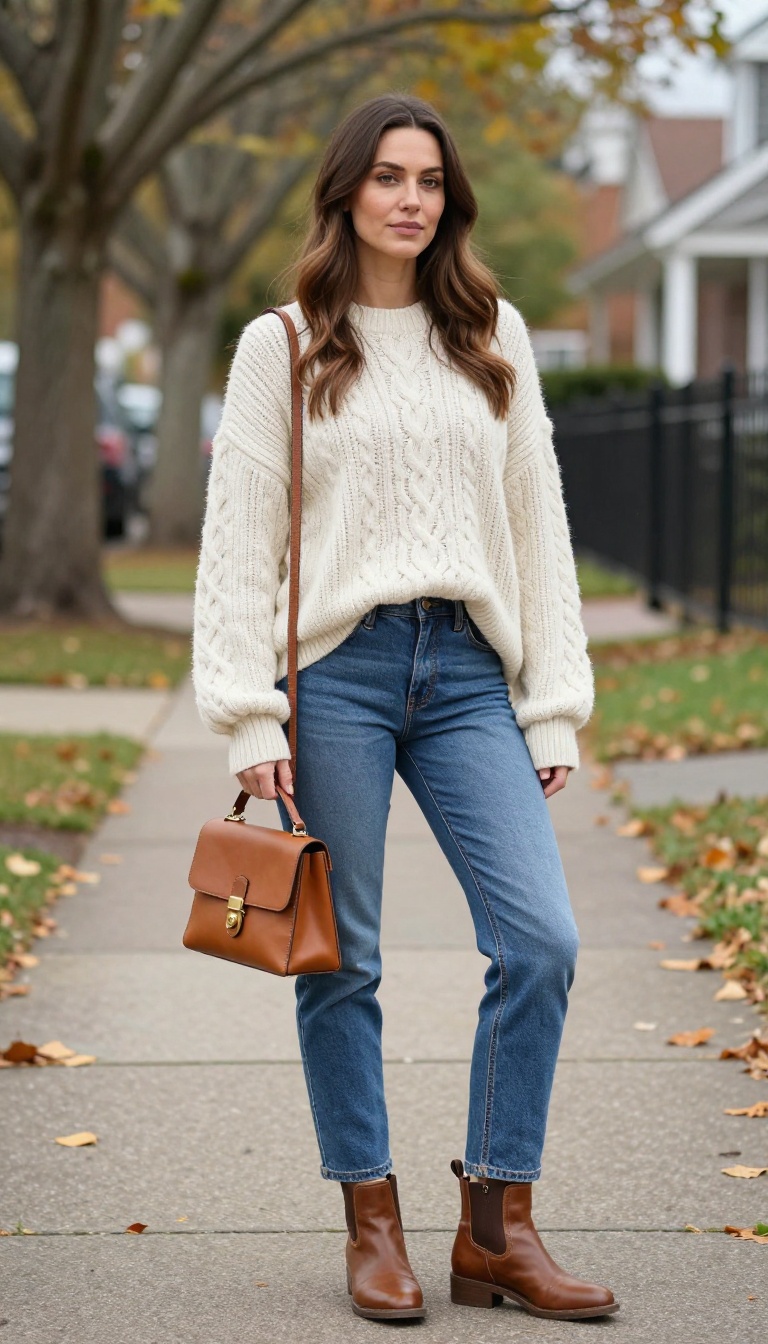 1. Classic Blue Jeans with a Chunky Cable-Knit Sweater