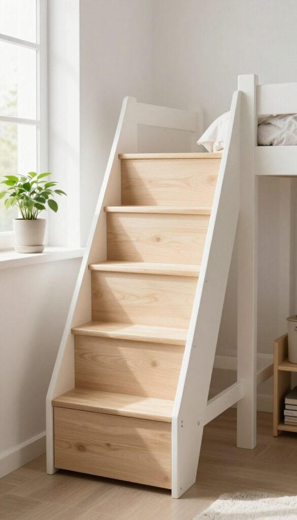Compact double deck bed with a wide-step wooden ladder where each step doubles as a built-in drawer, styled in a bright small bedroom with natural light