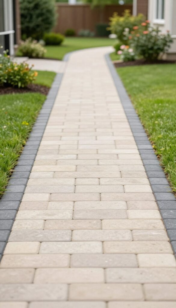 Front yard paver walkway with light beige pavers framed by a contrasting dark charcoal border, bordered by green lawn and shrubs in bright natural light.