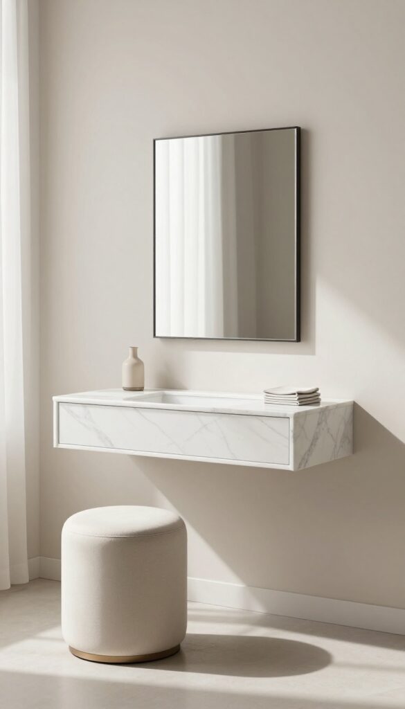 Bright modern bedroom with a floating white marble vanity, hidden push-open drawers, and a small stool tucked underneath in natural daylight