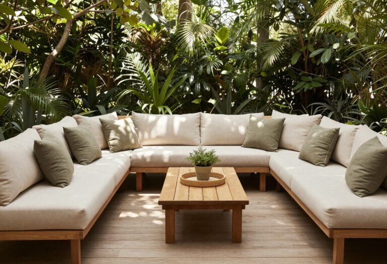 Cozy outdoor deck with a modular sectional sofa, low coffee table, and lush greenery in bright natural light, styled for comfort and conversation.