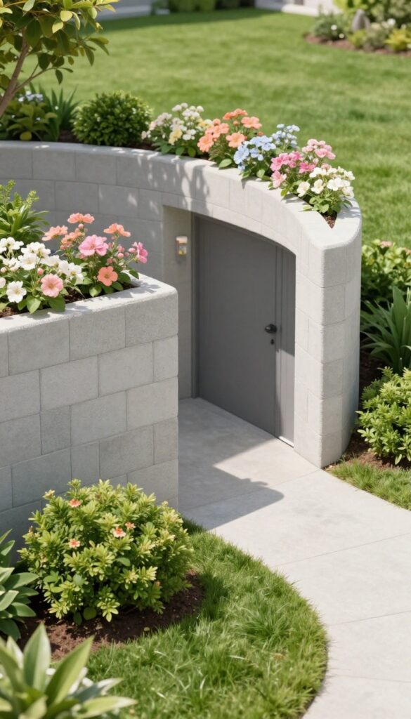 Curved retaining wall of modular blocks softening a front yard with a bending walkway and flowering plants along the edge