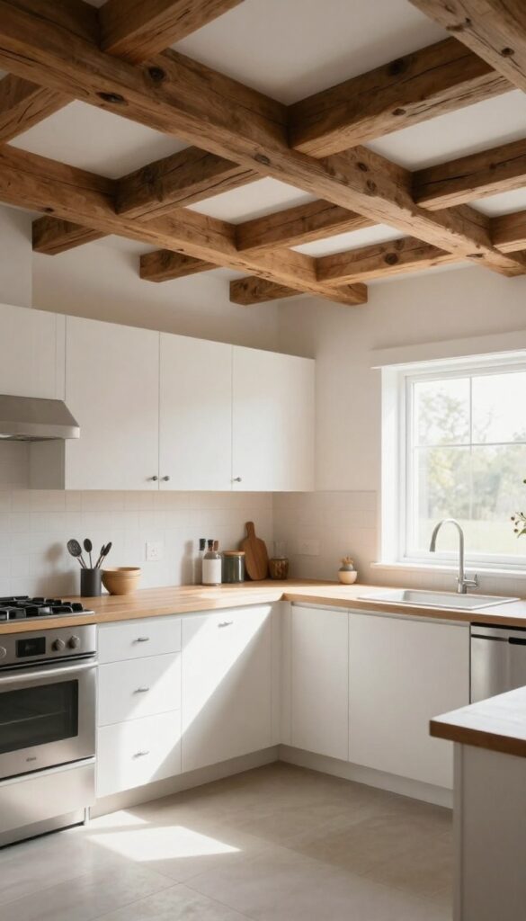 Rustic kitchen with exposed wood ceiling beams, white cabinets, and bright natural light