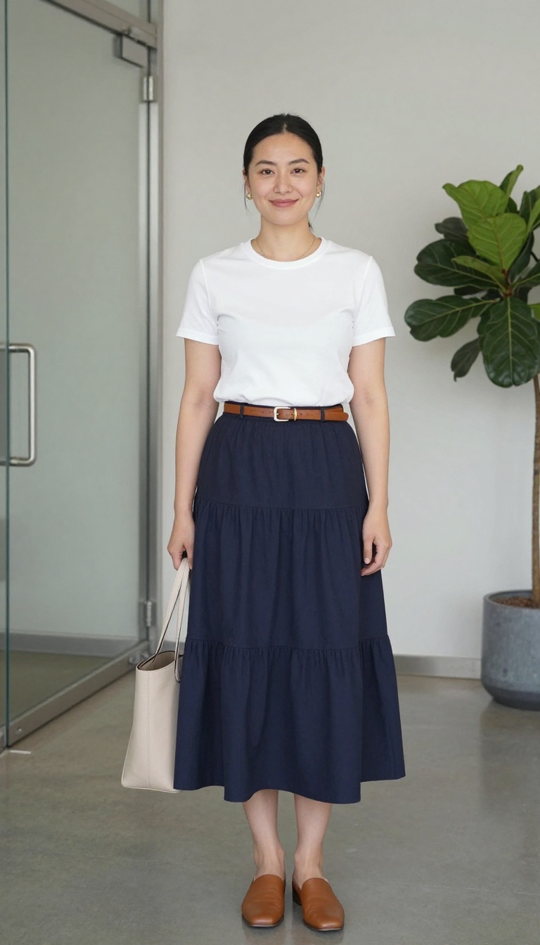 9. Tiered Midi Skirt with a Fitted Tee