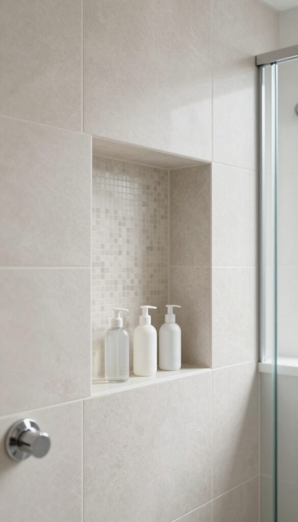 Modern shower cubicle with a built-in wall niche holding neatly arranged toiletries, finished with accent tile and bright natural light.