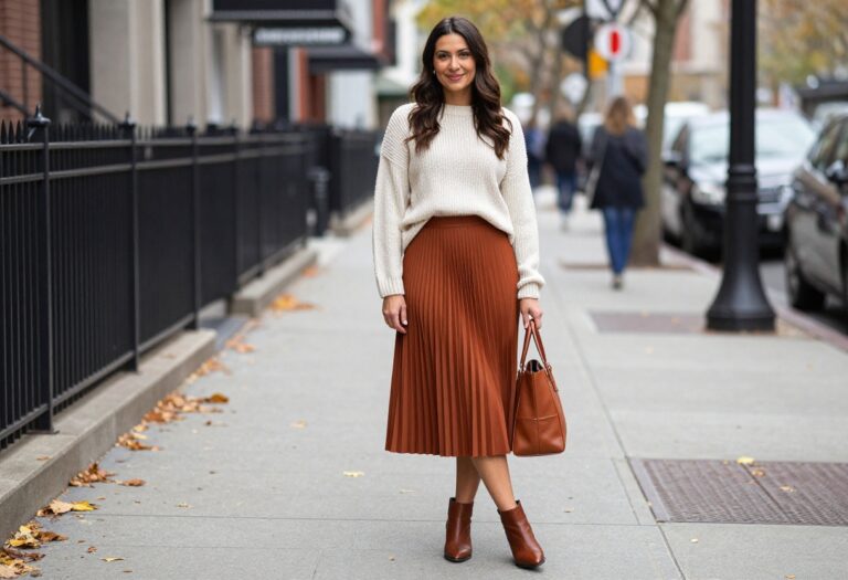 Woman wearing a rust pleated midi skirt, cream sweater, and brown ankle boots, standing on a city sidewalk in fall.