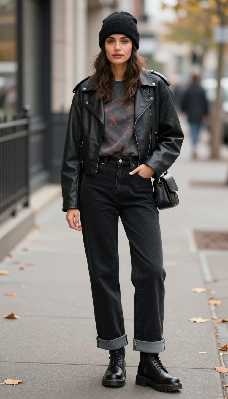 8. Edgy Vibe with a Leather Jacket and Combat Boots