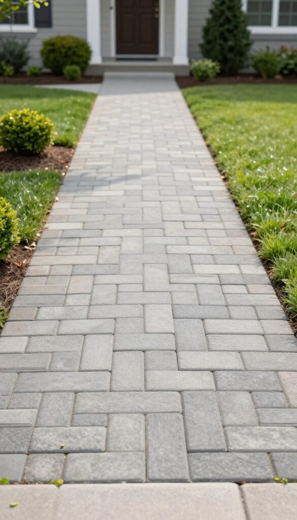 Front yard entrance walkway with gray pavers arranged in a herringbone pattern, bordered by simple green landscaping under bright natural light