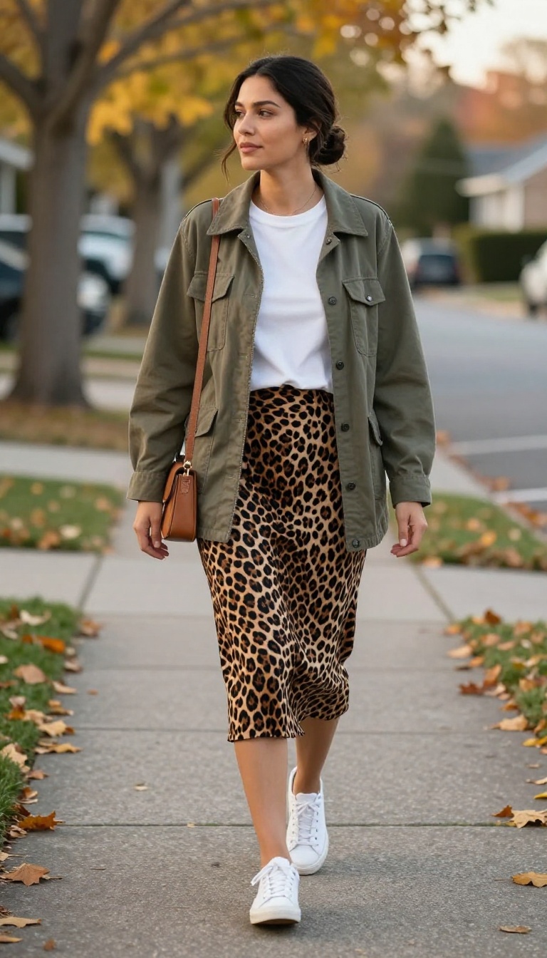 13. Leopard Skirt with a Utility Jacket and White Tee