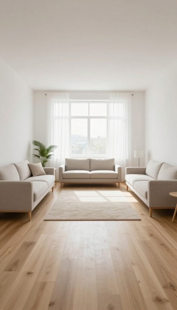 Bright rectangular living room with a clear open walkway, sofa and armchair aligned along the walls, and sunlight from a large window.